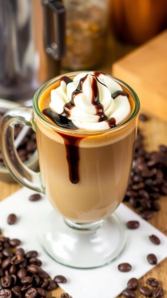 Low Carb 7 Brew Coffee Recipe A cup of low carb coffee topped with whipped cream and chocolate syrup on a wooden table.